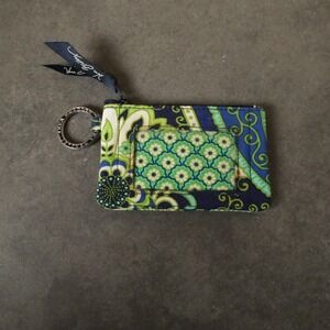 Vera Bradley Coin Purse Keychain Pouch Blue Green Floral Pattern Zippered Holder